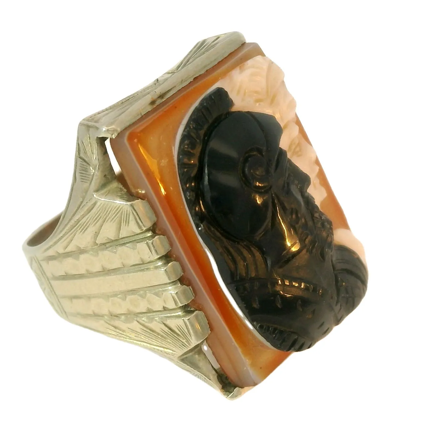 Handsome Estate 10K White Gold Onyx Zeus Pallas Athena Mens Band Ring