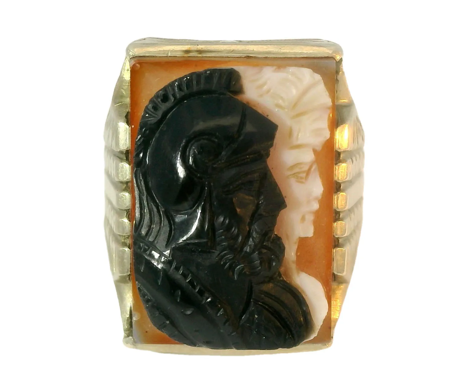 Handsome Estate 10K White Gold Onyx Zeus Pallas Athena Mens Band Ring