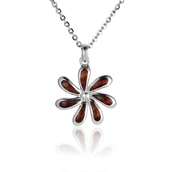 Hawaiian Jewelry Koa Wood inlaid Solid Silver Tiare Pendant (Chain Sold Separately)