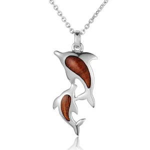 Hawaiian Jewelry Koa Wood Solid Silver Twins Dolphin Pendant (Chain Sold Separately)