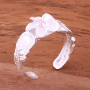 Hawaiian Scroll 8mm Plumeria with Pink CZ Cut Out Edge Toe Ring