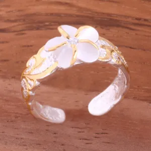 Hawaiian Scroll Two Tone Yellow Gold Plated 8mm Plumeria with Clear CZ Cut Out Edge Toe Ring