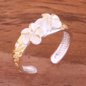 Hawaiian Scroll Two Tone Yellow Gold Plated Two 6mm Plumeria with Clear CZ Smooth Edge Toe Ring
