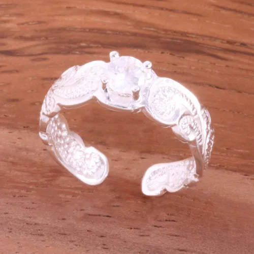Hawaiian Scroll with Clear Round CZ Cut Out Edge Toe Ring