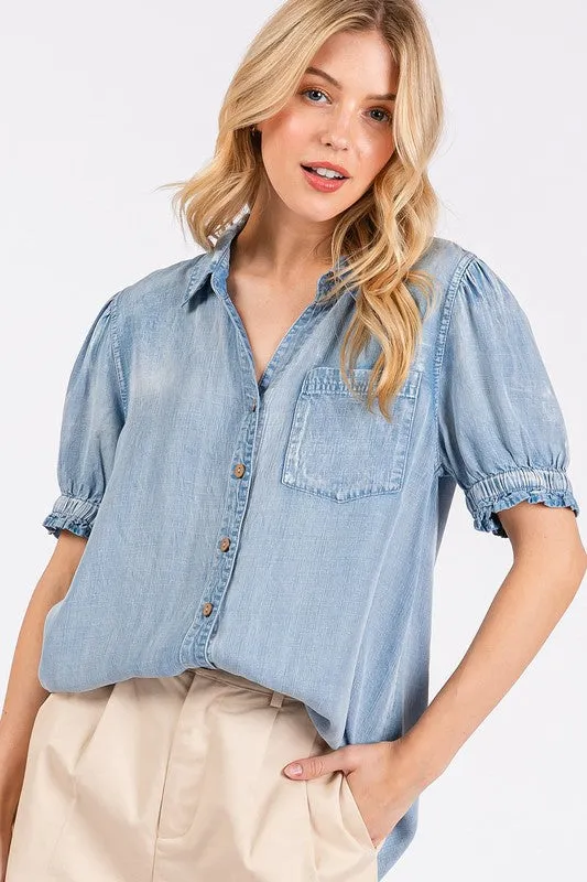 Hazel Blues® |  Mittoshop Collared Neck Puff Sleeve Shirt