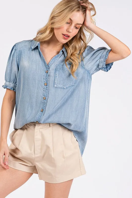Hazel Blues® |  Mittoshop Collared Neck Puff Sleeve Shirt