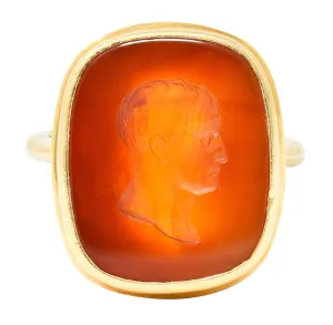 Hellenistic Victorian Carnelian Intaglio 14 Karat Yellow Gold Unisex Julius Caesar Antique Signet Ring
