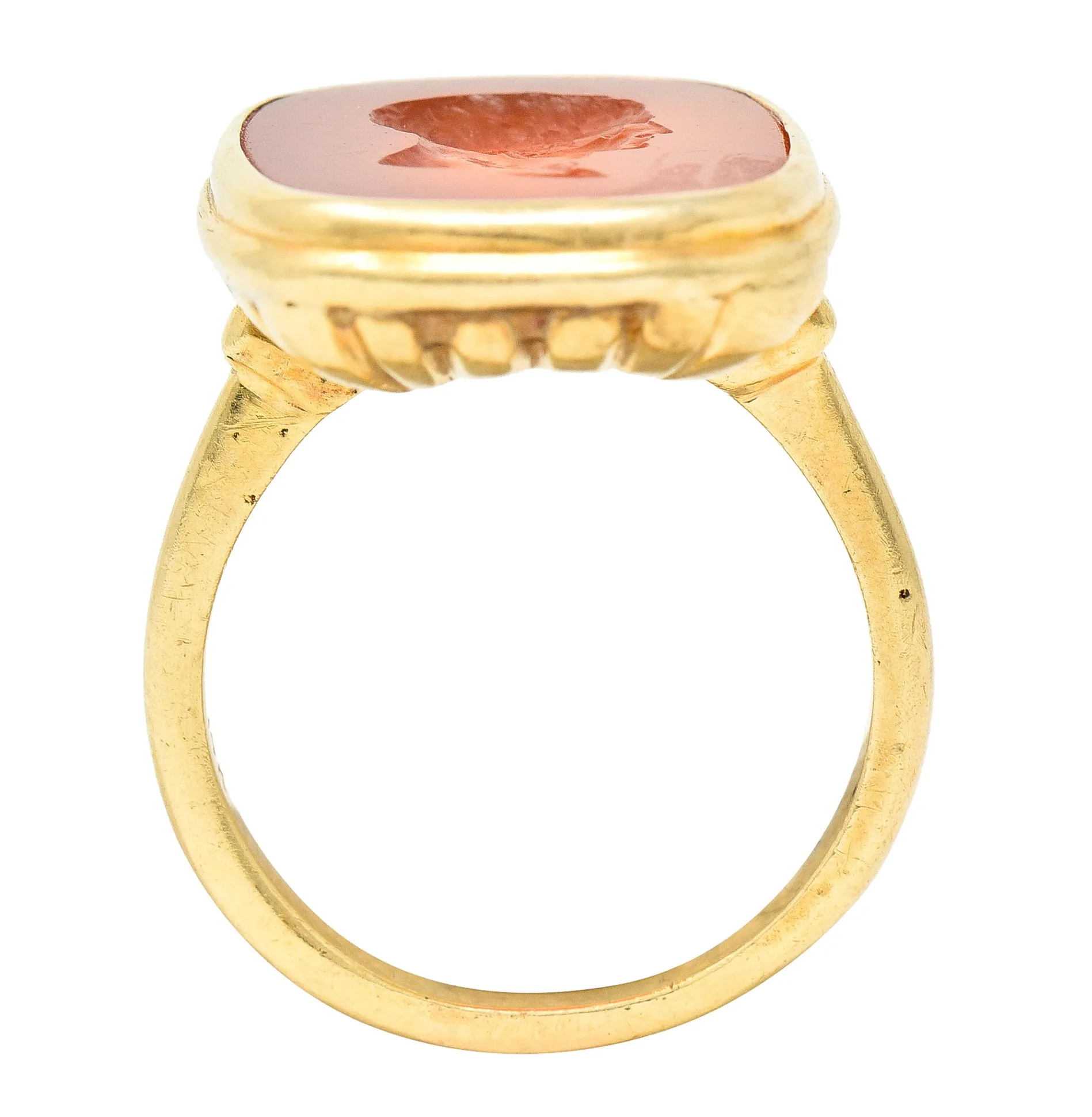 Hellenistic Victorian Carnelian Intaglio 14 Karat Yellow Gold Unisex Julius Caesar Antique Signet Ring