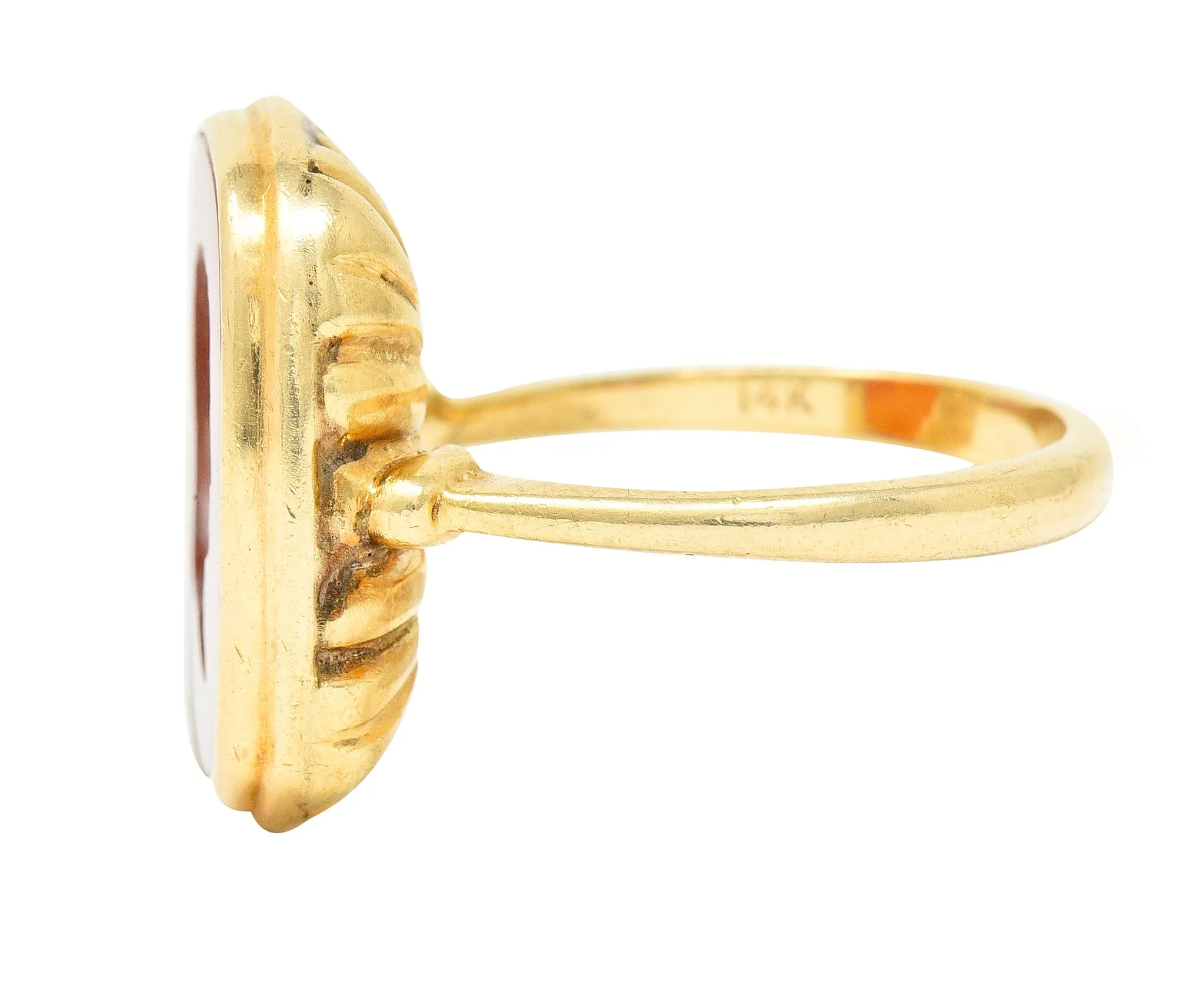 Hellenistic Victorian Carnelian Intaglio 14 Karat Yellow Gold Unisex Julius Caesar Antique Signet Ring