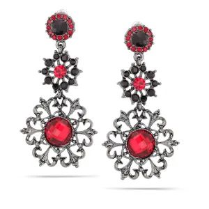 Hematite-Tone Earrings With Red And Black Crystal Flowers #255RD3401 (1D9/1F7)