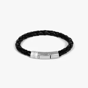 Herringbone Click Pelle Bracelet - Black Leather & Rhodium Plated Silver
