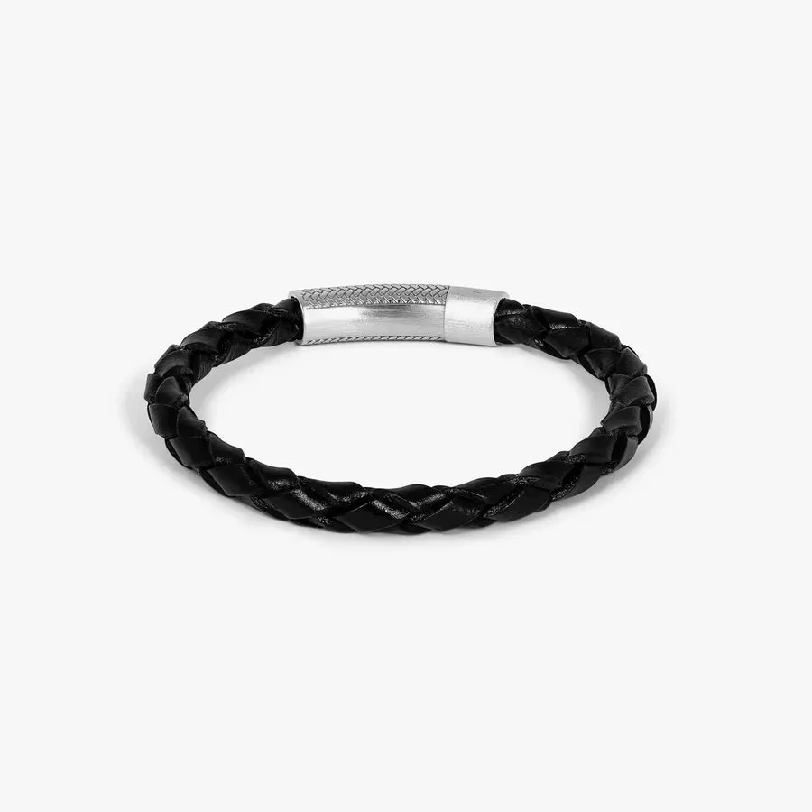 Herringbone Click Pelle Bracelet - Black Leather & Rhodium Plated Silver