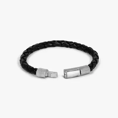 Herringbone Click Pelle Bracelet - Black Leather & Rhodium Plated Silver