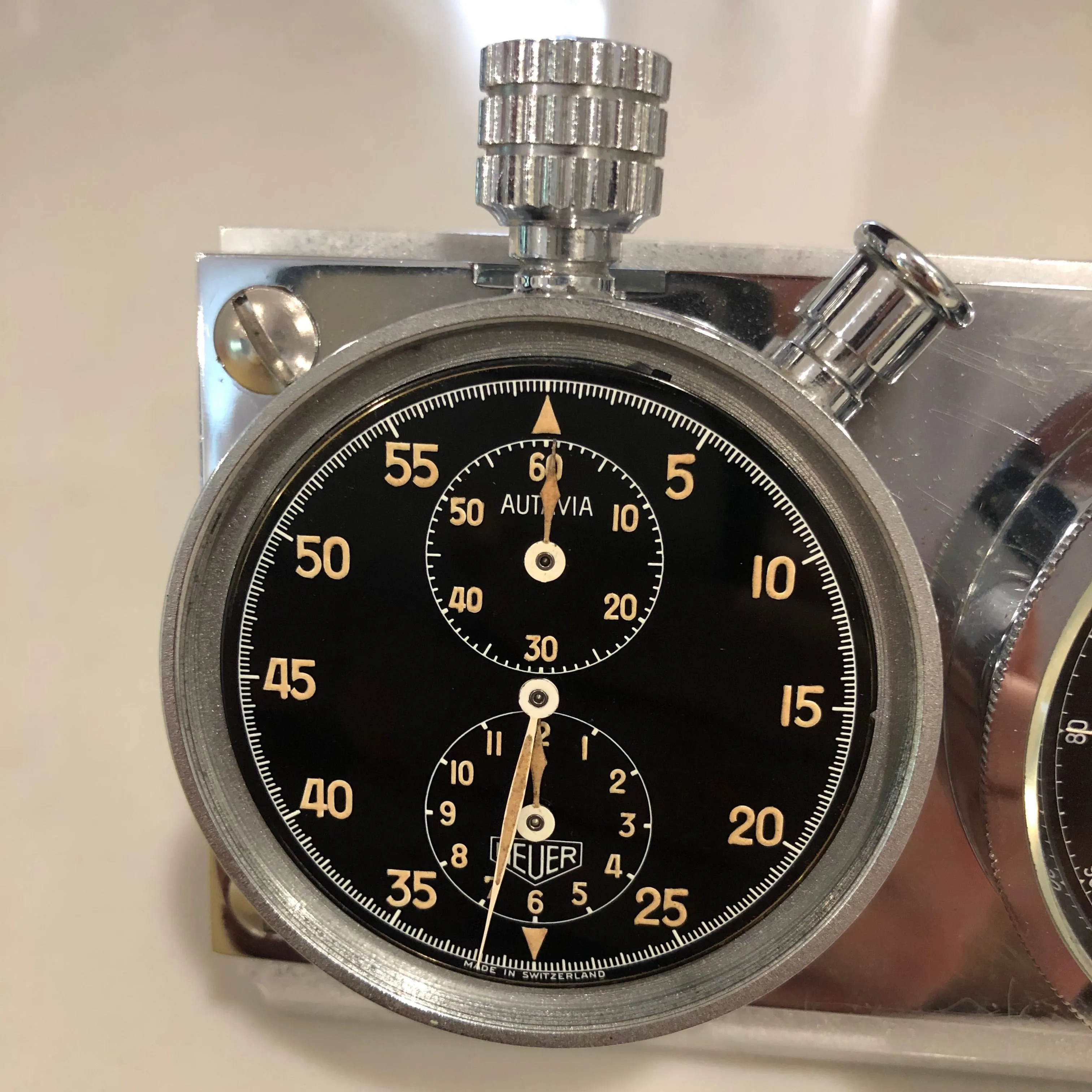 Heuer Rally Timer Autavia Dash Triple Set Timer Hervue Steel Chronograph Vintage Dashboard