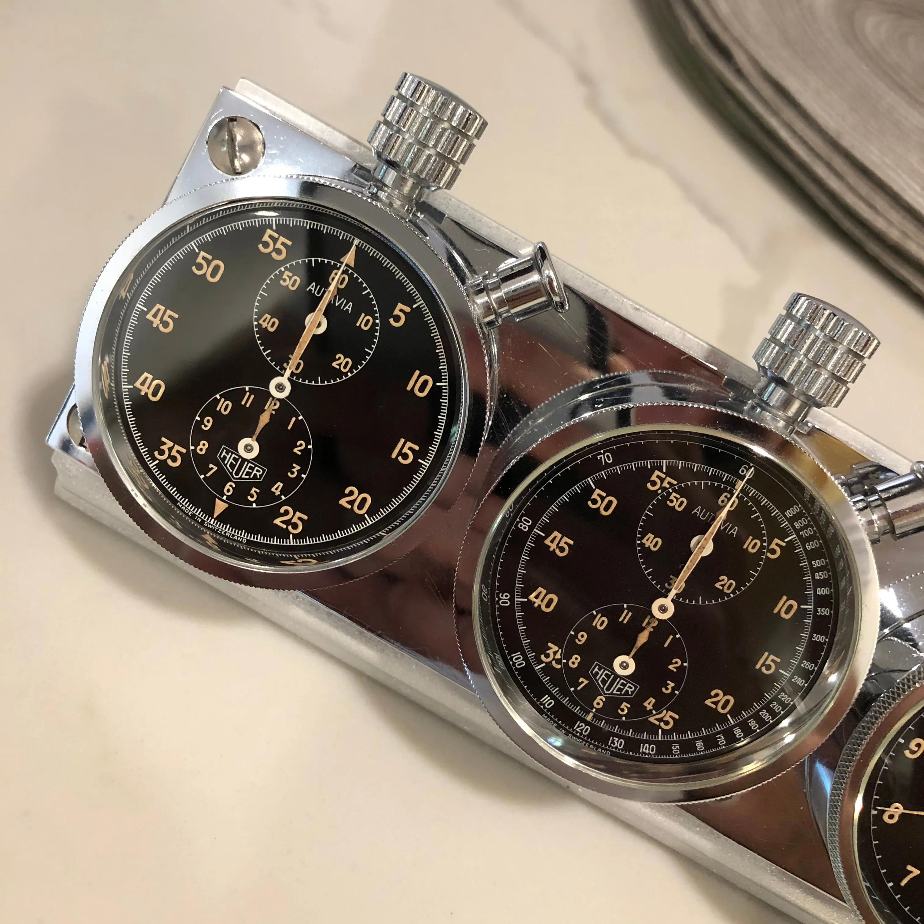 Heuer Rally Timer Autavia Dash Triple Set Timer Hervue Steel Chronograph Vintage Dashboard