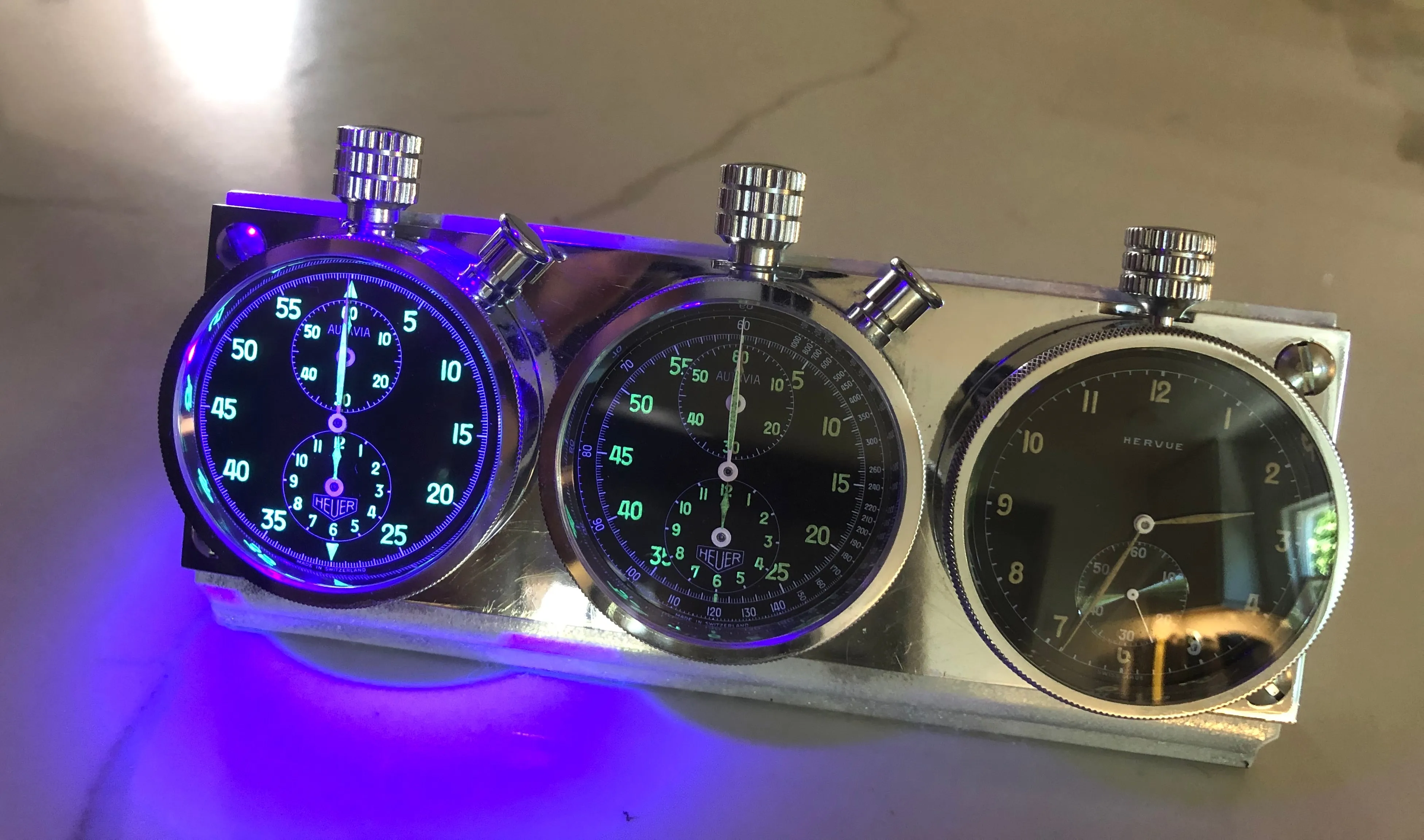 Heuer Rally Timer Autavia Dash Triple Set Timer Hervue Steel Chronograph Vintage Dashboard