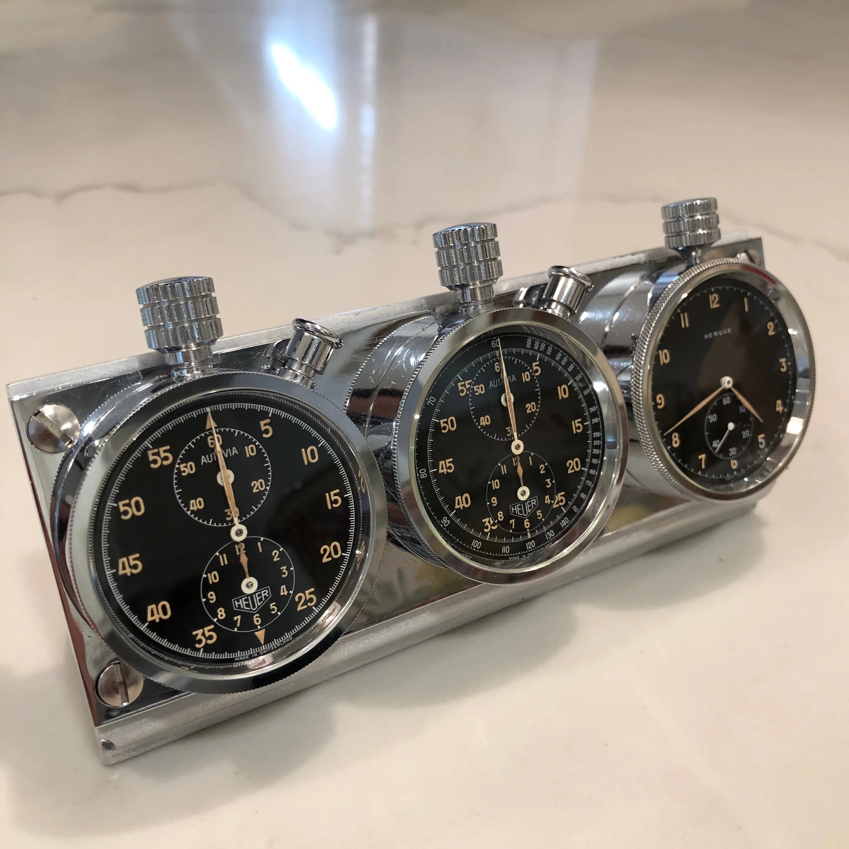 Heuer Rally Timer Autavia Dash Triple Set Timer Hervue Steel Chronograph Vintage Dashboard