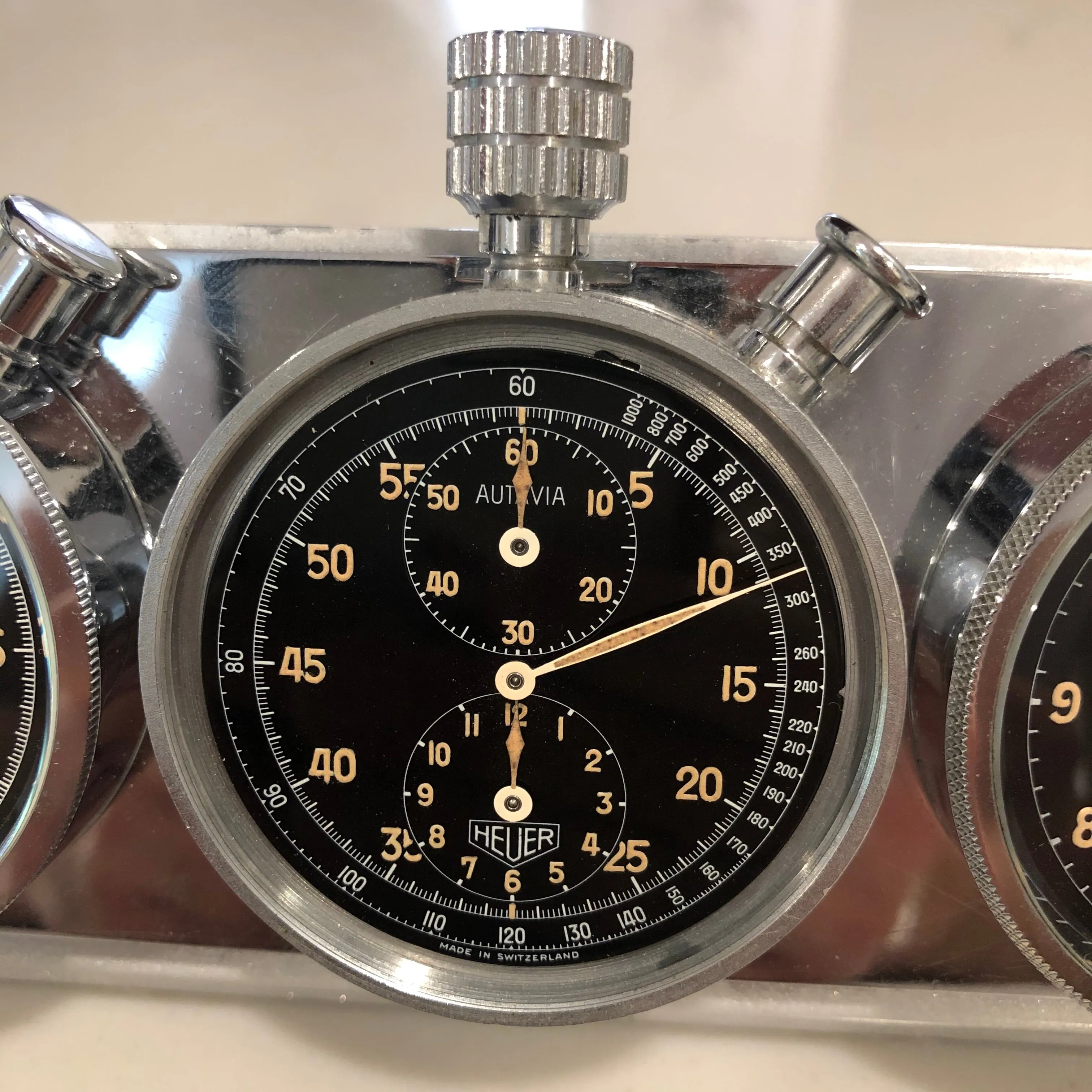 Heuer Rally Timer Autavia Dash Triple Set Timer Hervue Steel Chronograph Vintage Dashboard