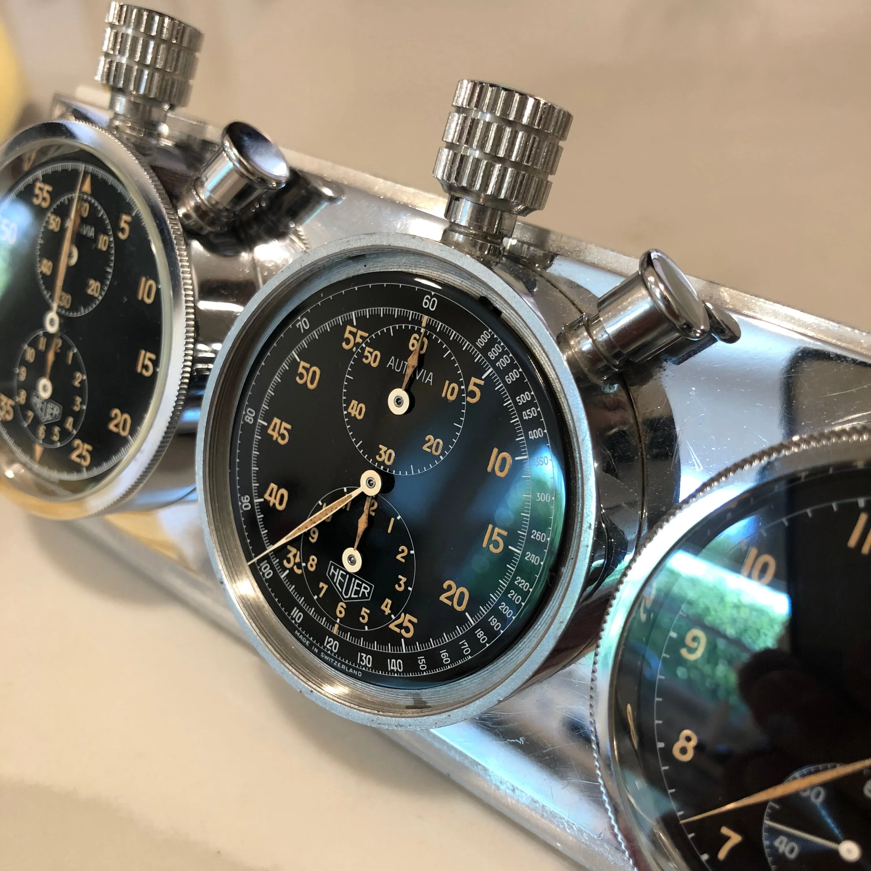 Heuer Rally Timer Autavia Dash Triple Set Timer Hervue Steel Chronograph Vintage Dashboard