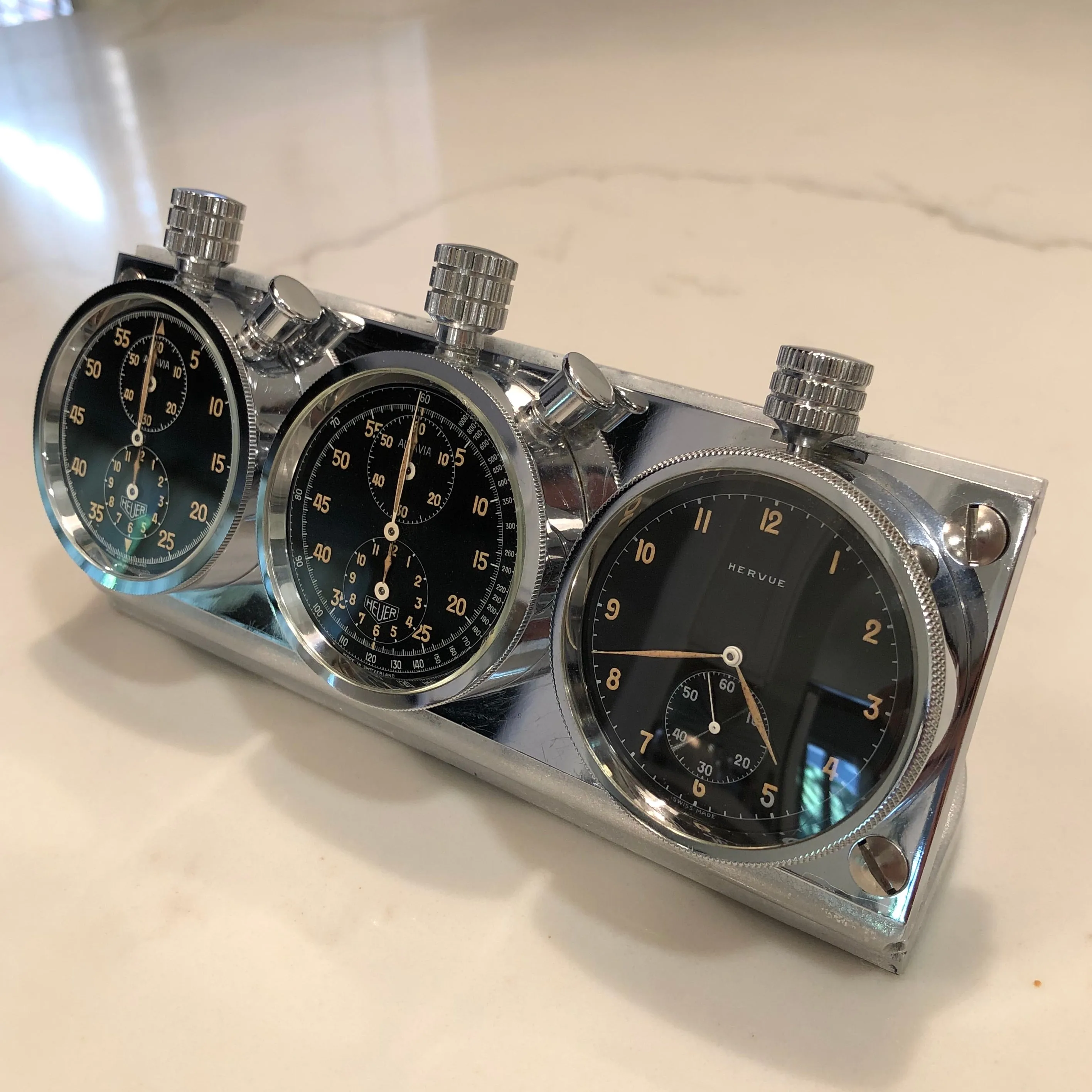 Heuer Rally Timer Autavia Dash Triple Set Timer Hervue Steel Chronograph Vintage Dashboard