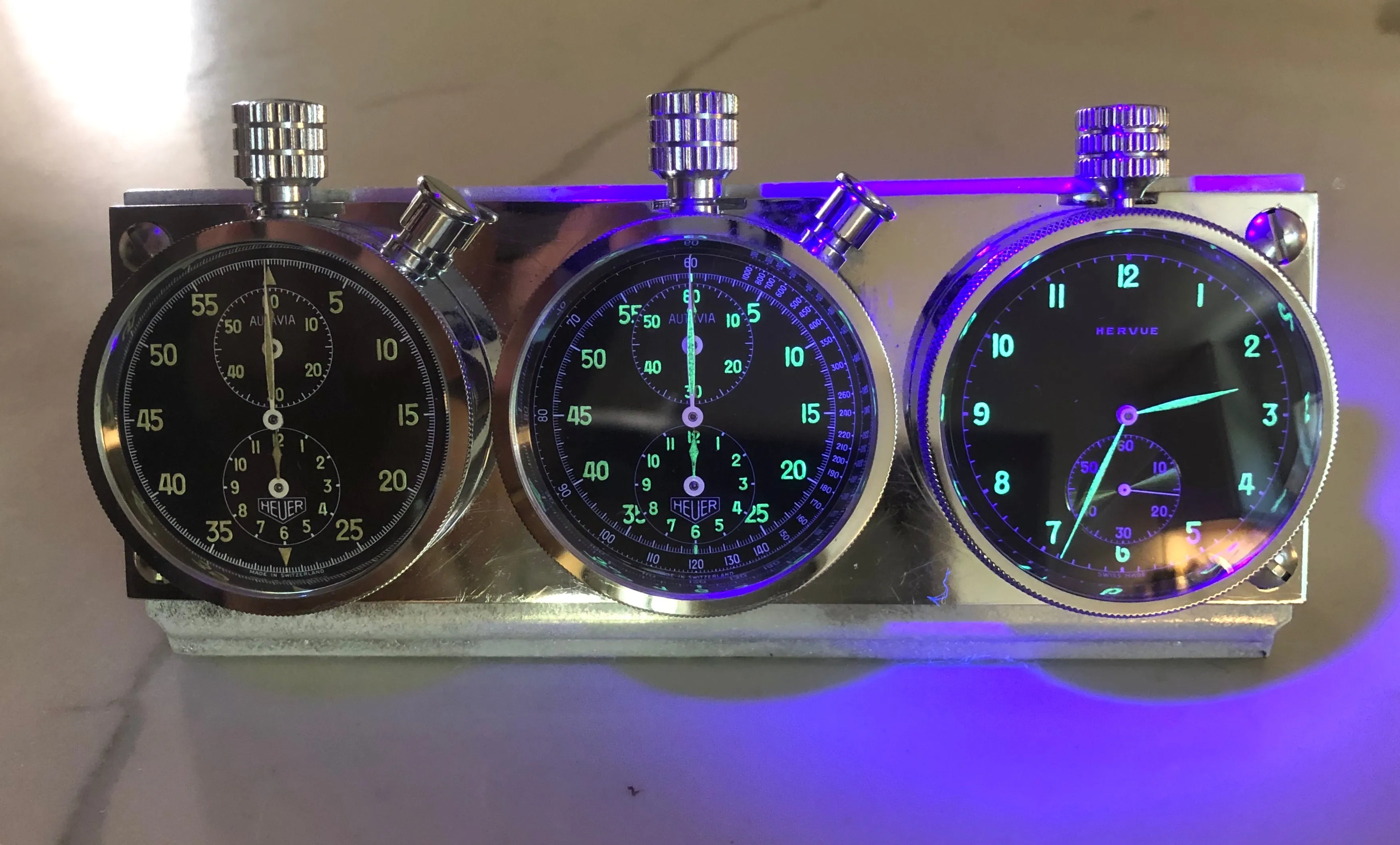 Heuer Rally Timer Autavia Dash Triple Set Timer Hervue Steel Chronograph Vintage Dashboard