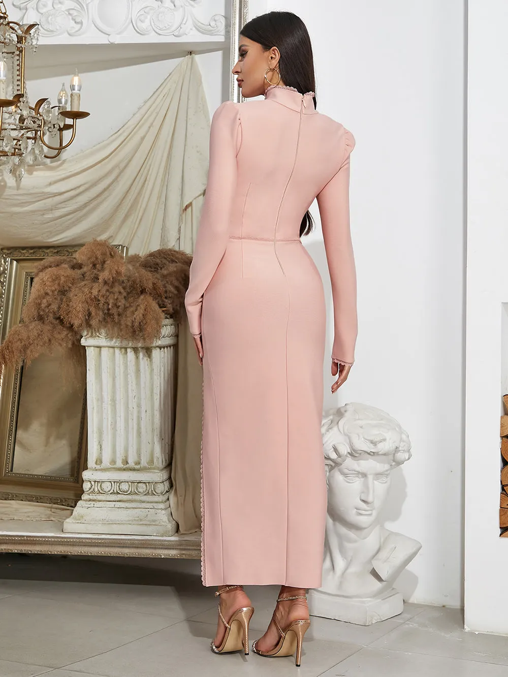 High Neck Long Sleeve Lace Maxi Bandage Dress HB100020