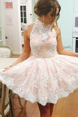 High Neck Sleeveless Short Illusion Back Homecoming Dress With Lace TR0075