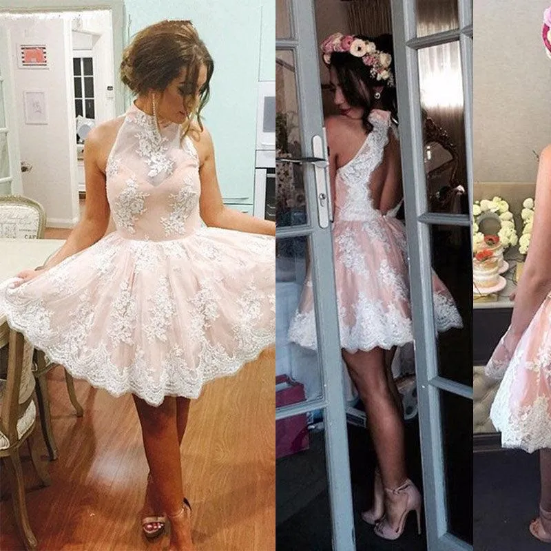 High Neck Sleeveless Short Illusion Back Homecoming Dress With Lace TR0075