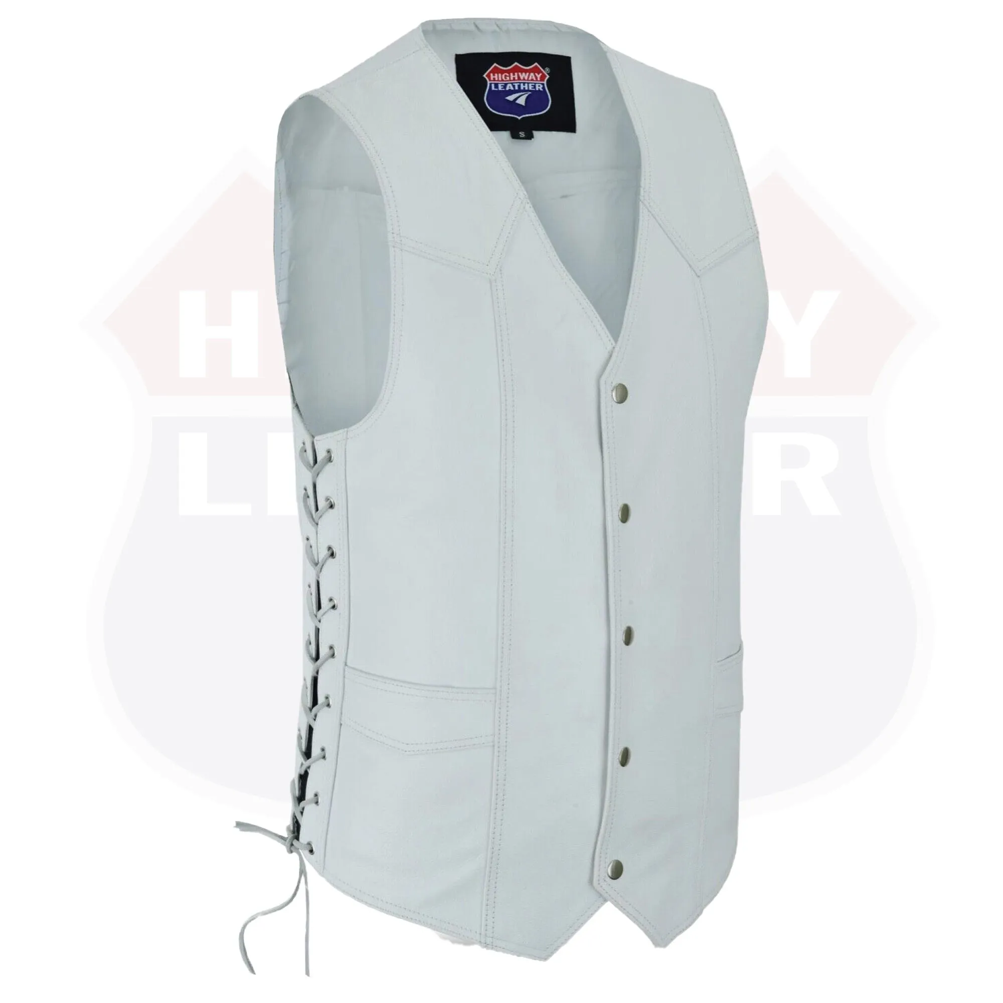 HL11614WHITE Men Side Lace Leather WHITE Vest Traditional