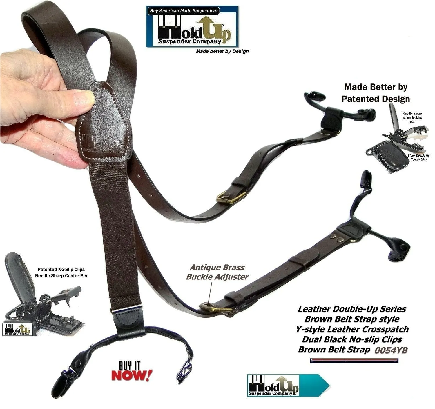 Hold-Ups Brown Bonded Leather 1" Belt Strap Men's Suspenders with USA Patented No-slip Clips