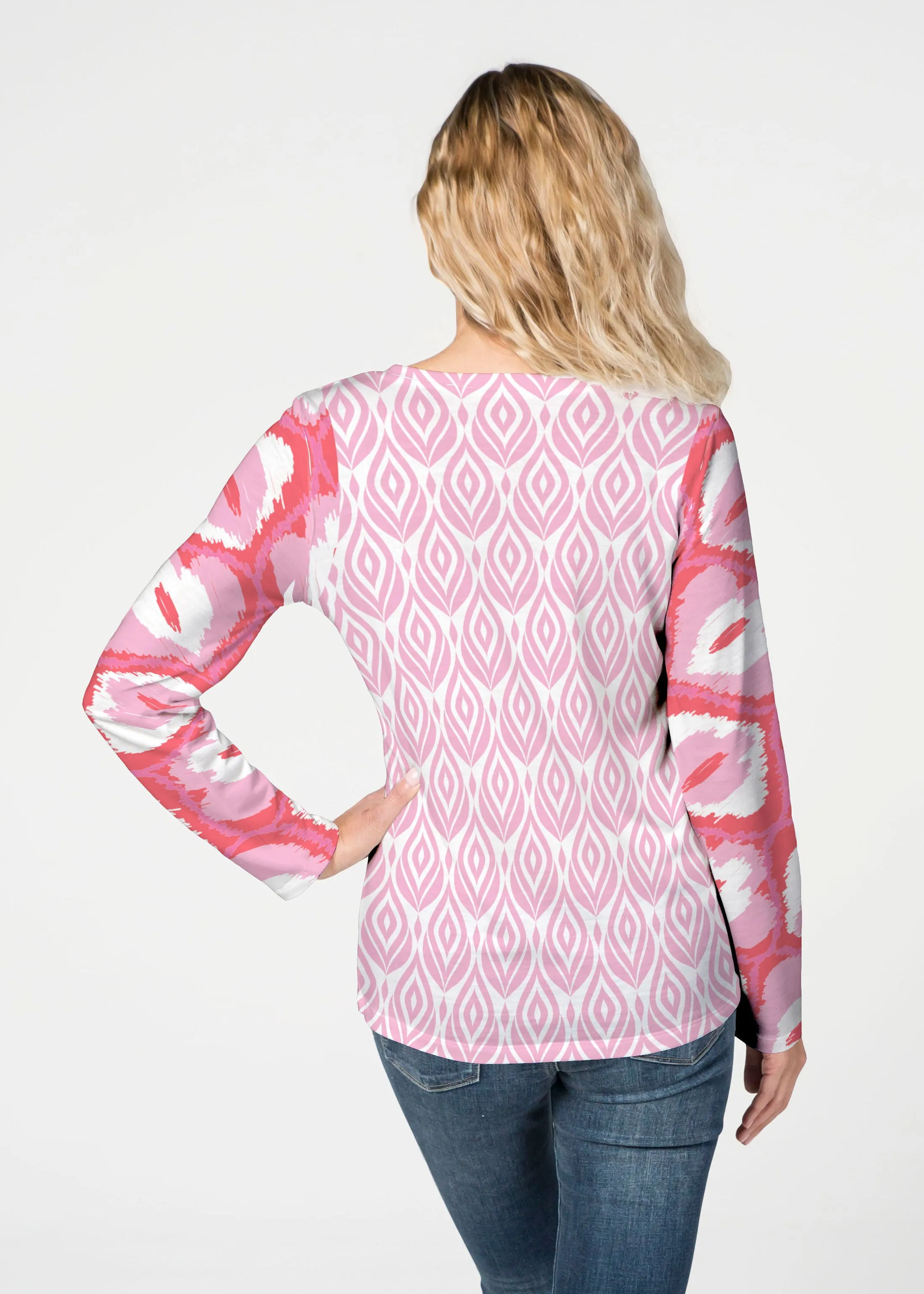 Ikat Buds Red/Pink (8096) ~ French Terry V-neck Top
