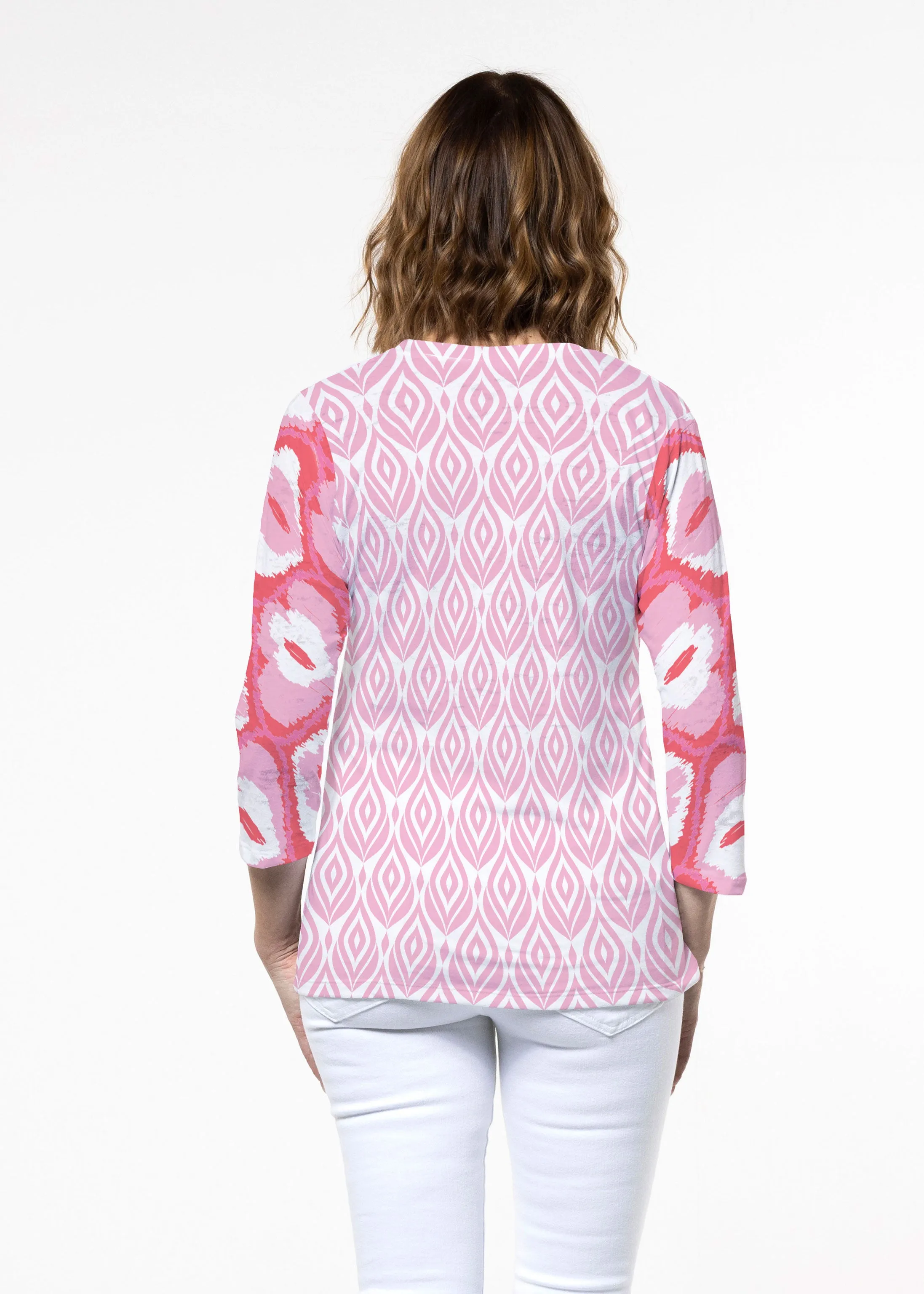 Ikat Buds Red/Pink (8096) ~ Signature 3/4 Sleeve Crew Neck Top