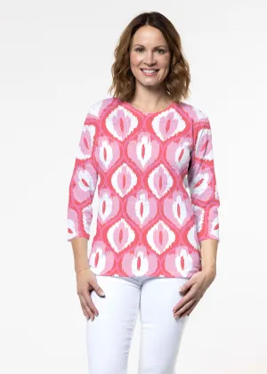 Ikat Buds Red/Pink (8096) ~ Signature 3/4 Sleeve Crew Neck Top