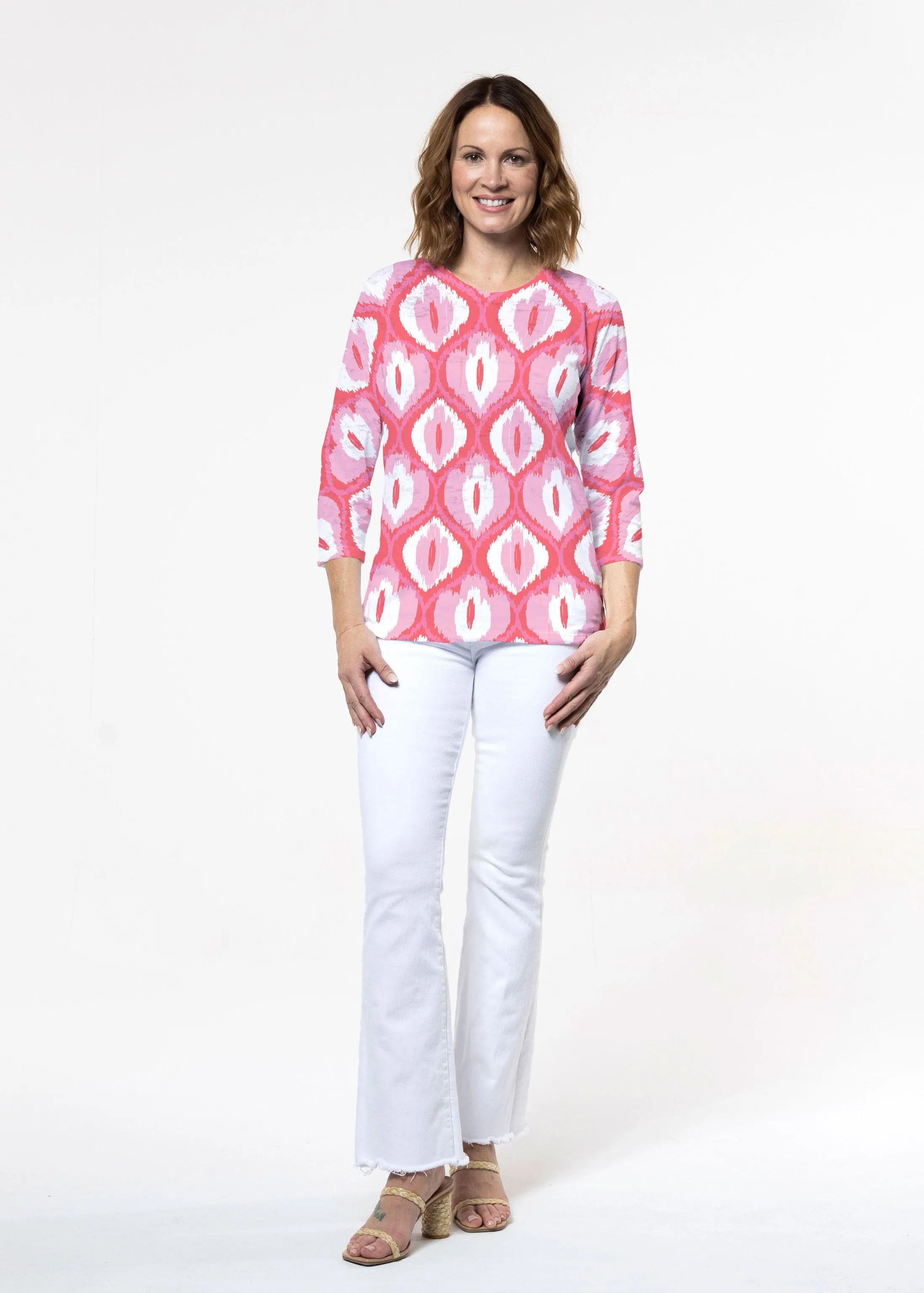 Ikat Buds Red/Pink (8096) ~ Signature 3/4 Sleeve Crew Neck Top
