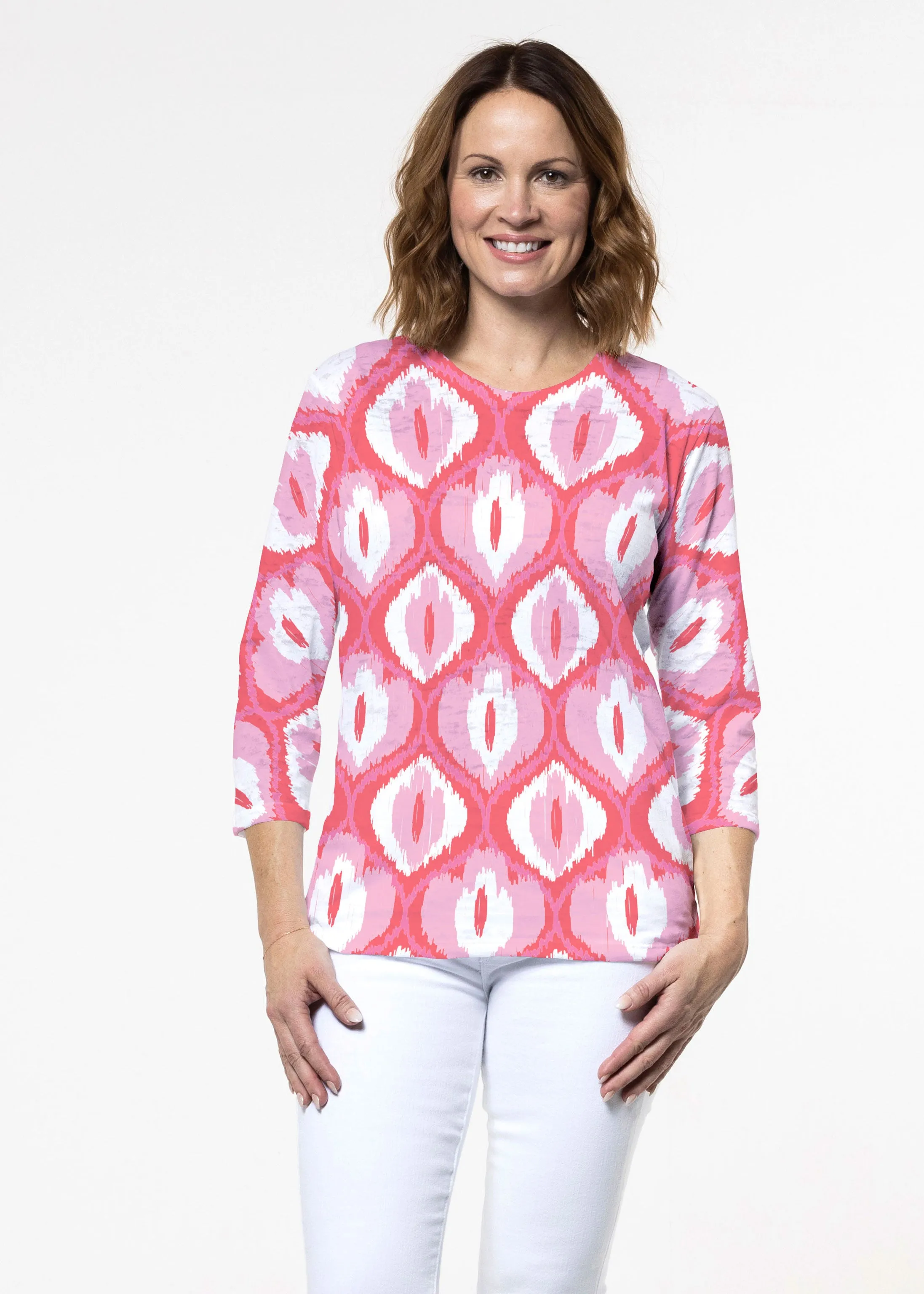 Ikat Buds Red/Pink (8096) ~ Signature 3/4 Sleeve Crew Neck Top