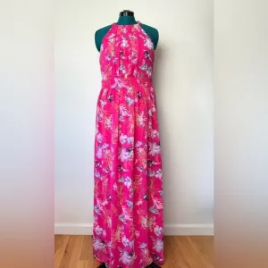 INC International Concepts Dress Woman’s Size 12 Pink Halter Maxi Floral Pleated