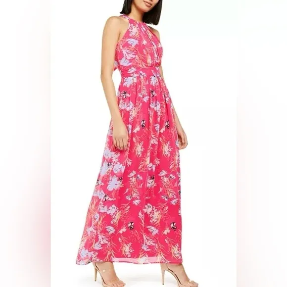 INC International Concepts Dress Woman’s Size 12 Pink Halter Maxi Floral Pleated