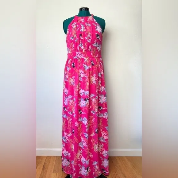 INC International Concepts Dress Woman’s Size 12 Pink Halter Maxi Floral Pleated
