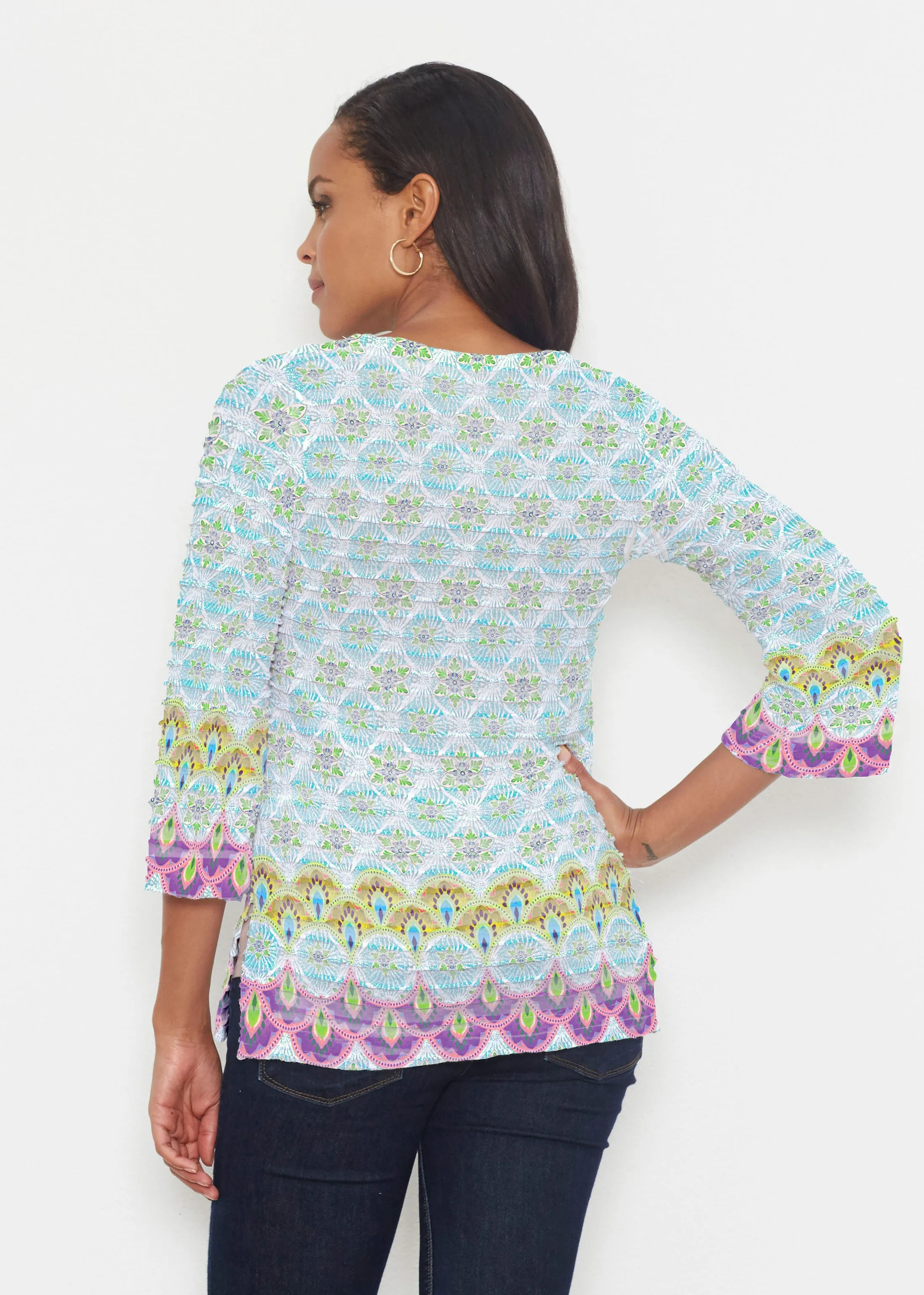 Izzy (19199) ~ Banded 3/4 Bell-Sleeve V-Neck Tunic