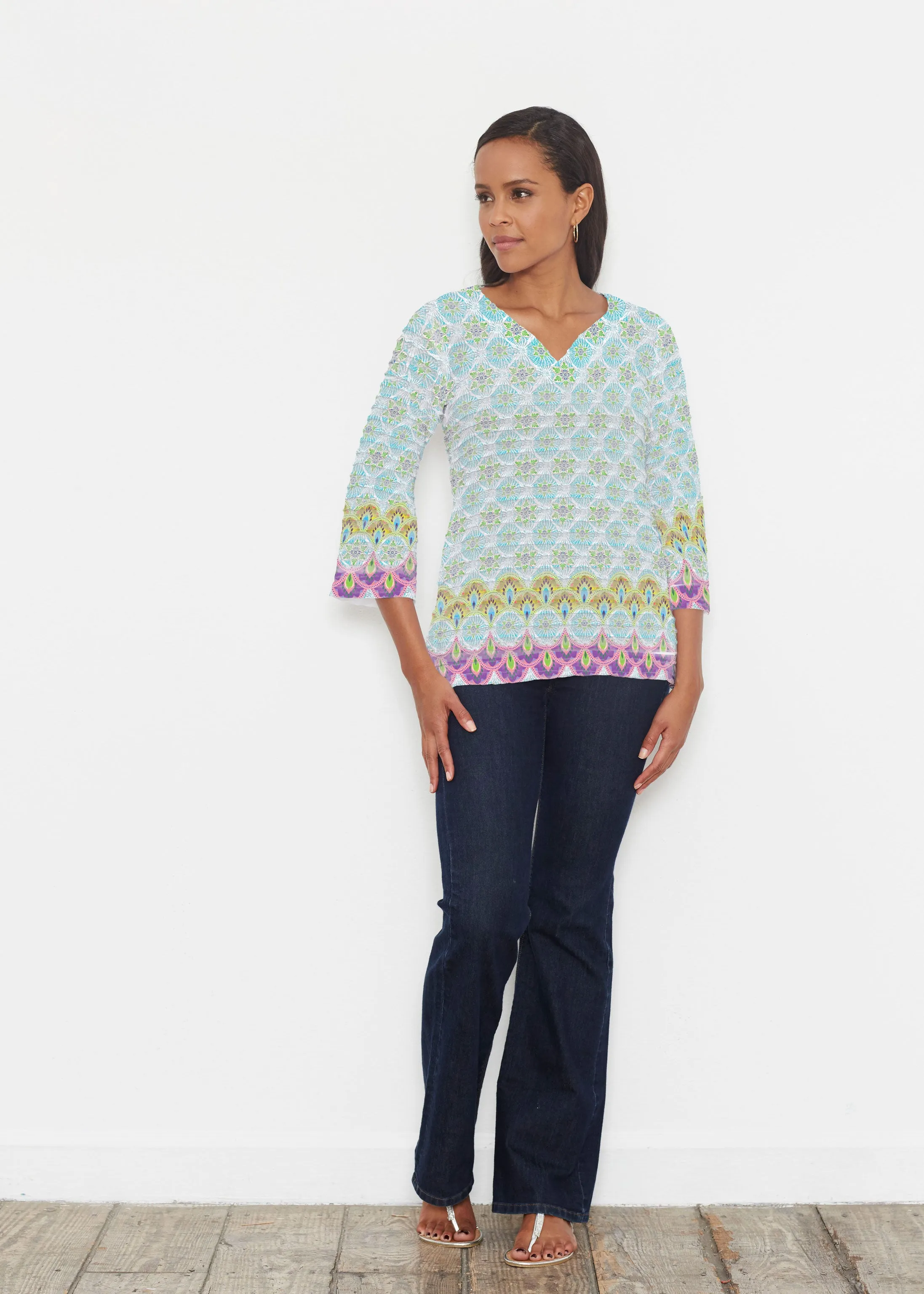 Izzy (19199) ~ Banded 3/4 Bell-Sleeve V-Neck Tunic