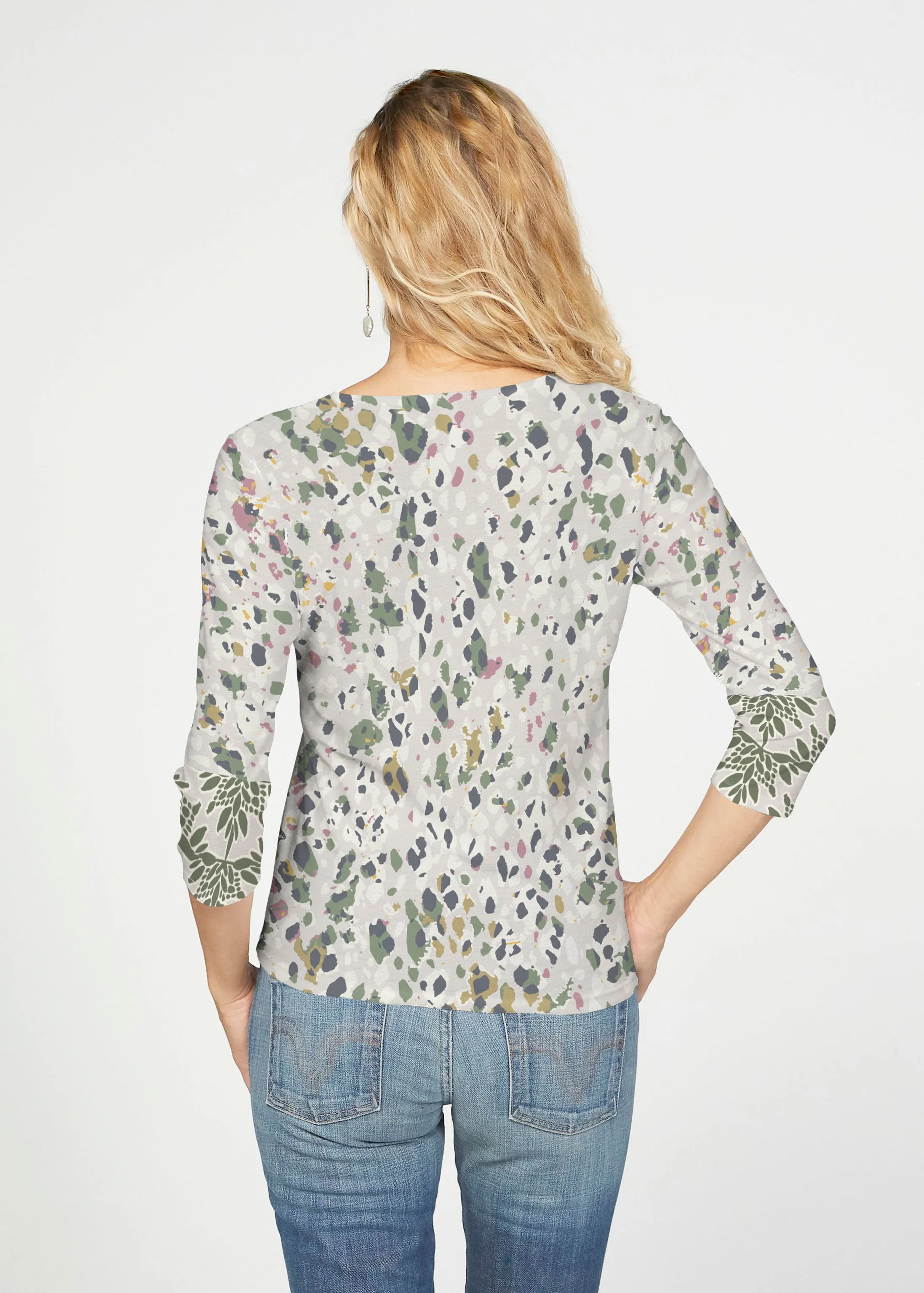 Jazzy Spots (8055) ~ French Terry Tie 3/4 Sleeve Top