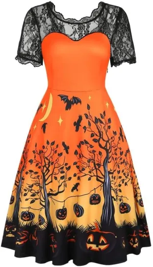 Jillumi Women's Lace Sleeve Pumpkin Swing Halloween Dress