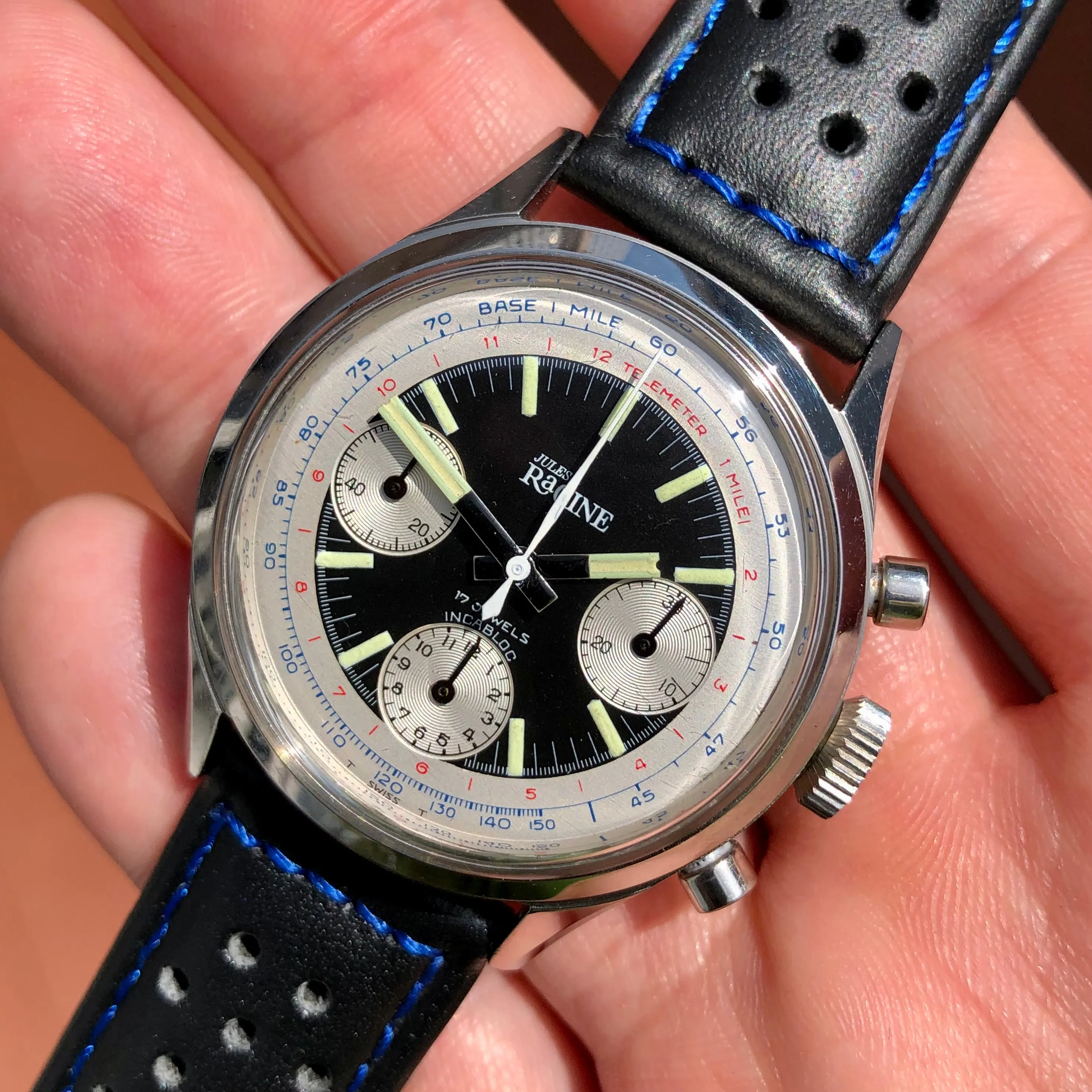 Jules Racine Gallet Chronograph Valjoux 7736 Multiscale Black Dial 37mm Steel Vintage Wristwatch Old Stock