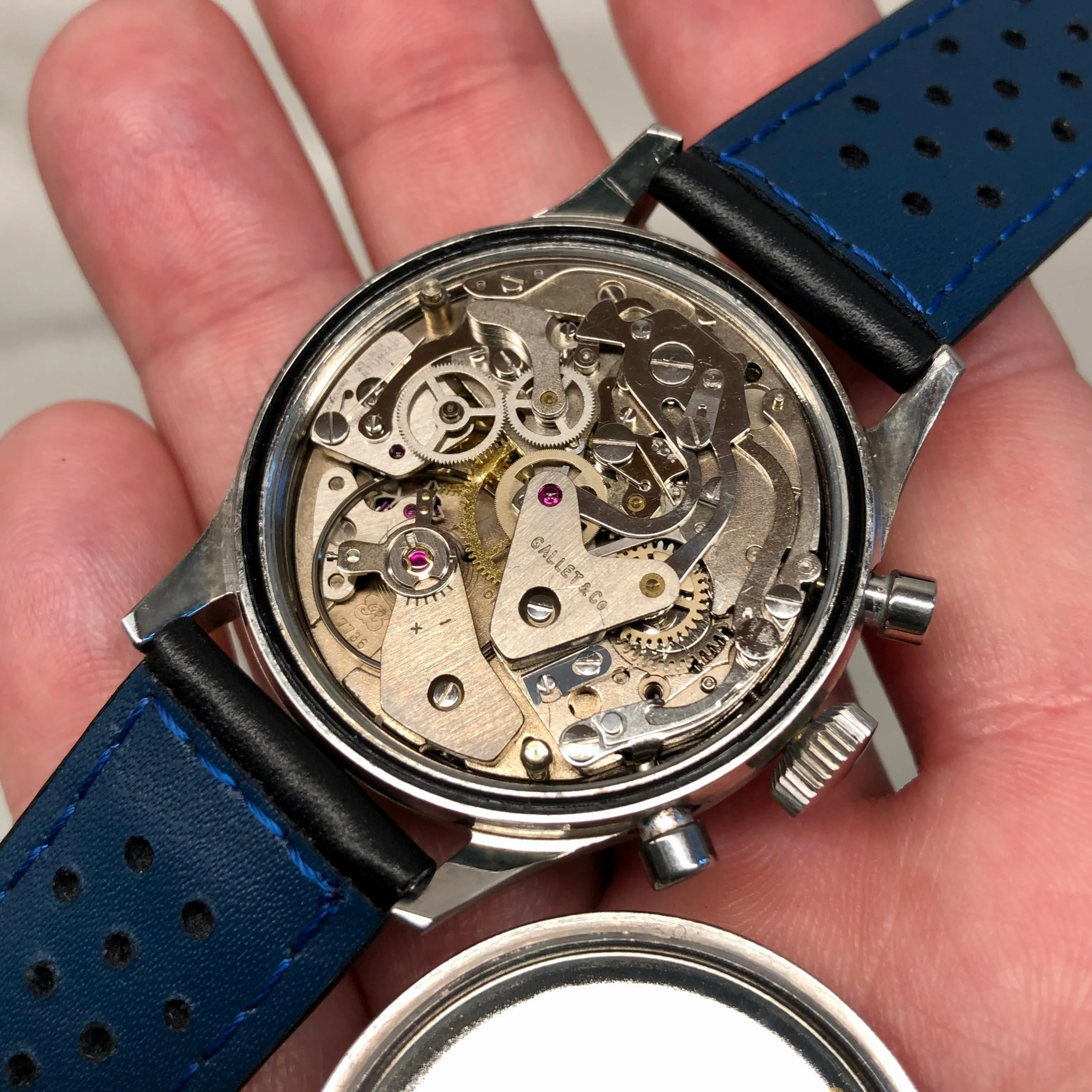 Jules Racine Gallet Chronograph Valjoux 7736 Multiscale Black Dial 37mm Steel Vintage Wristwatch Old Stock
