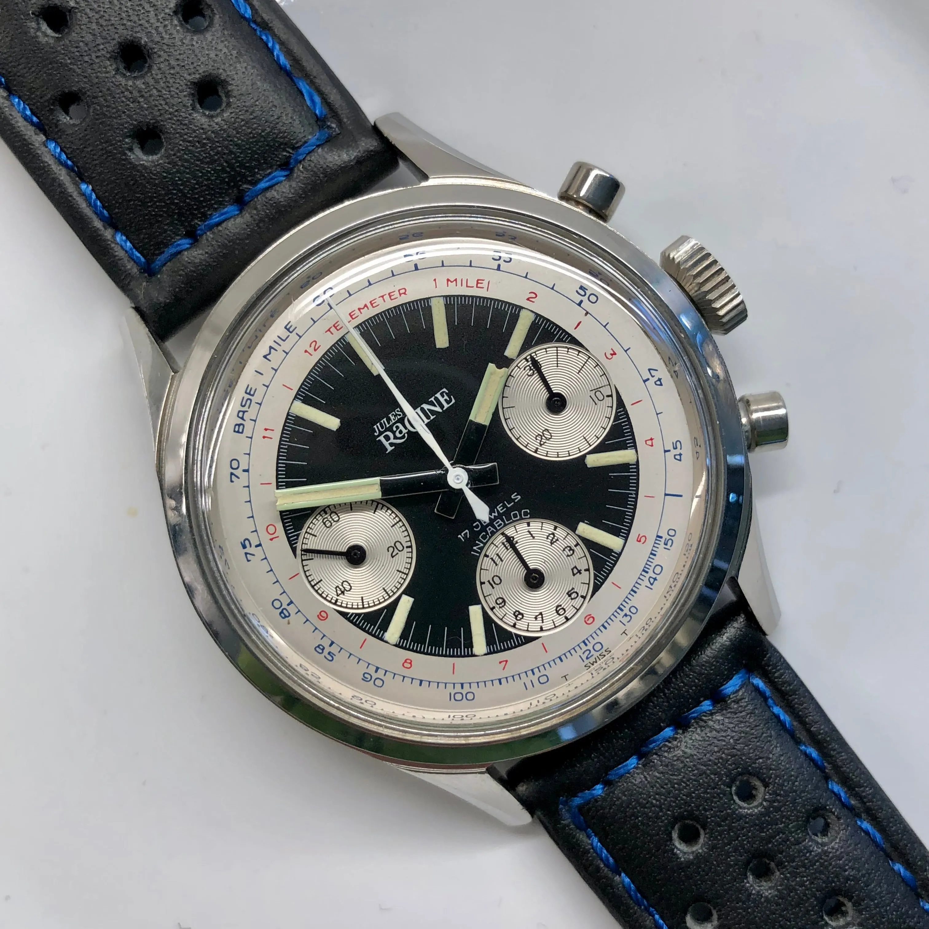 Jules Racine Gallet Chronograph Valjoux 7736 Multiscale Black Dial 37mm Steel Vintage Wristwatch Old Stock