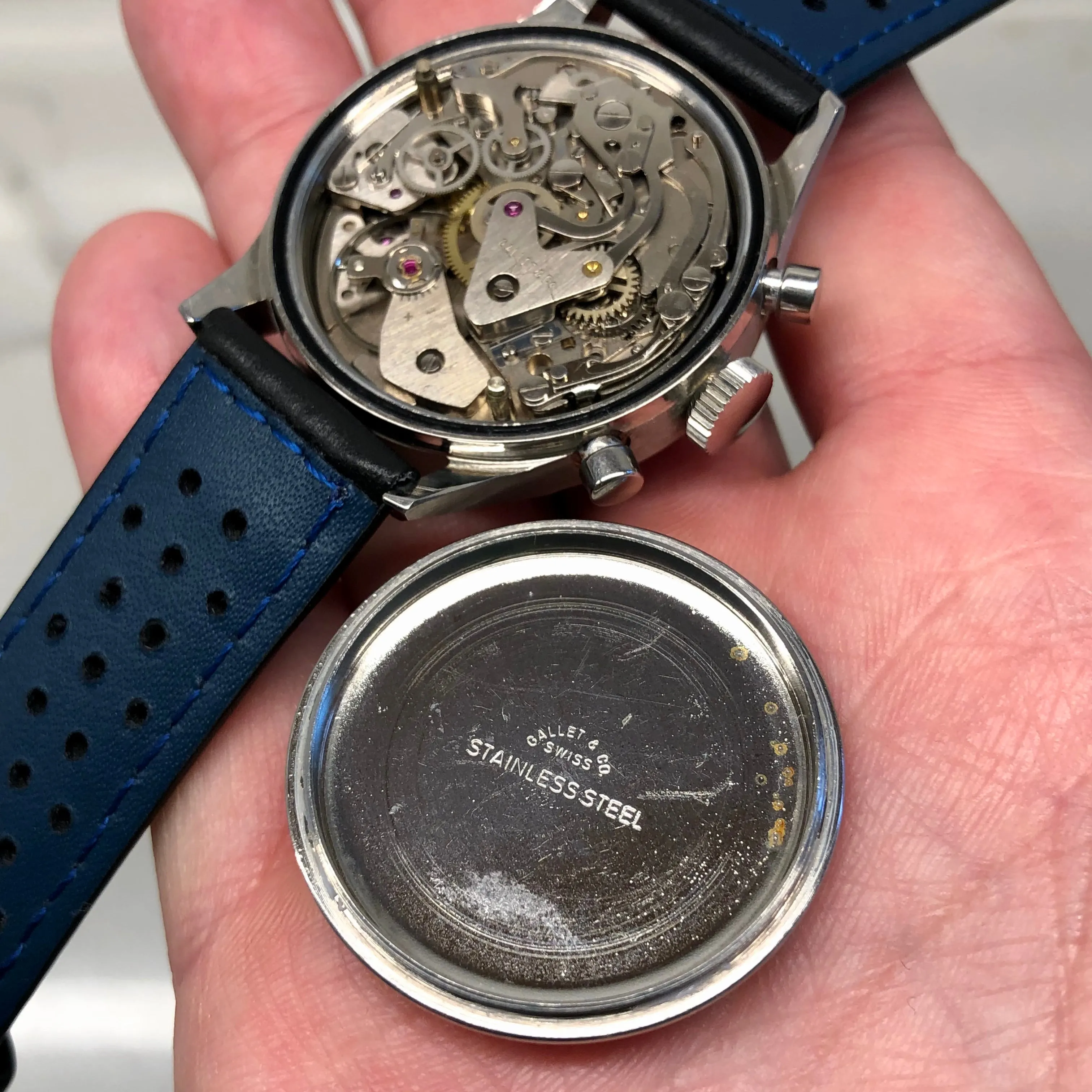 Jules Racine Gallet Chronograph Valjoux 7736 Multiscale Black Dial 37mm Steel Vintage Wristwatch Old Stock