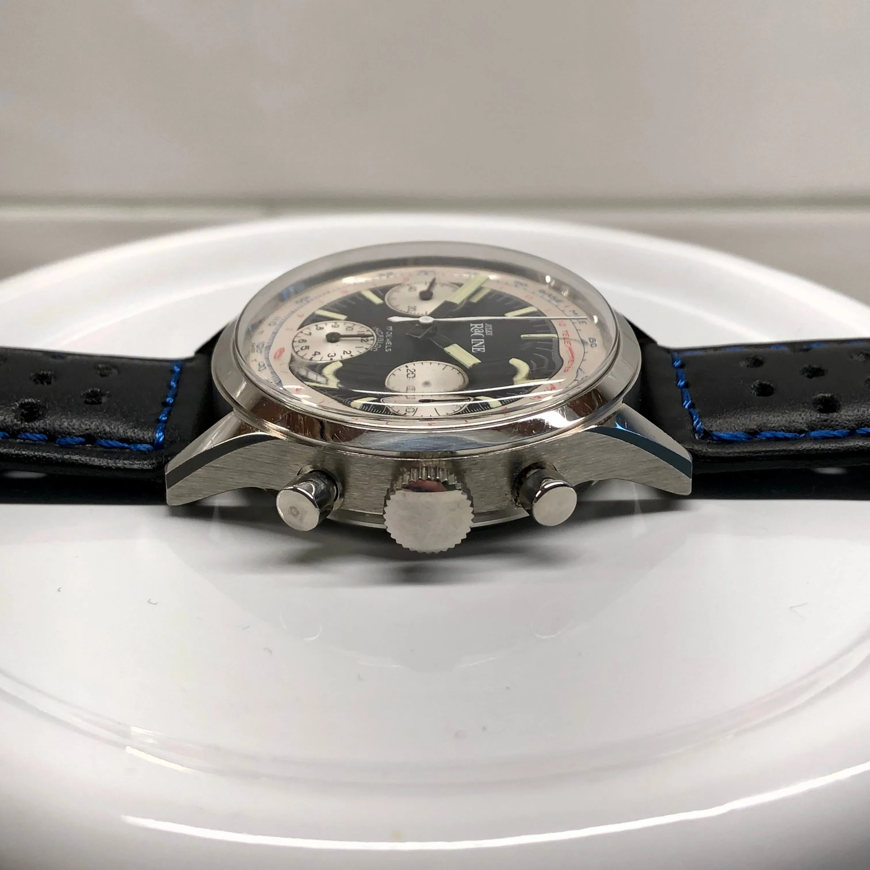 Jules Racine Gallet Chronograph Valjoux 7736 Multiscale Black Dial 37mm Steel Vintage Wristwatch Old Stock