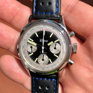 Jules Racine Gallet Chronograph Valjoux 7736 Multiscale Black Dial 37mm Steel Vintage Wristwatch Old Stock