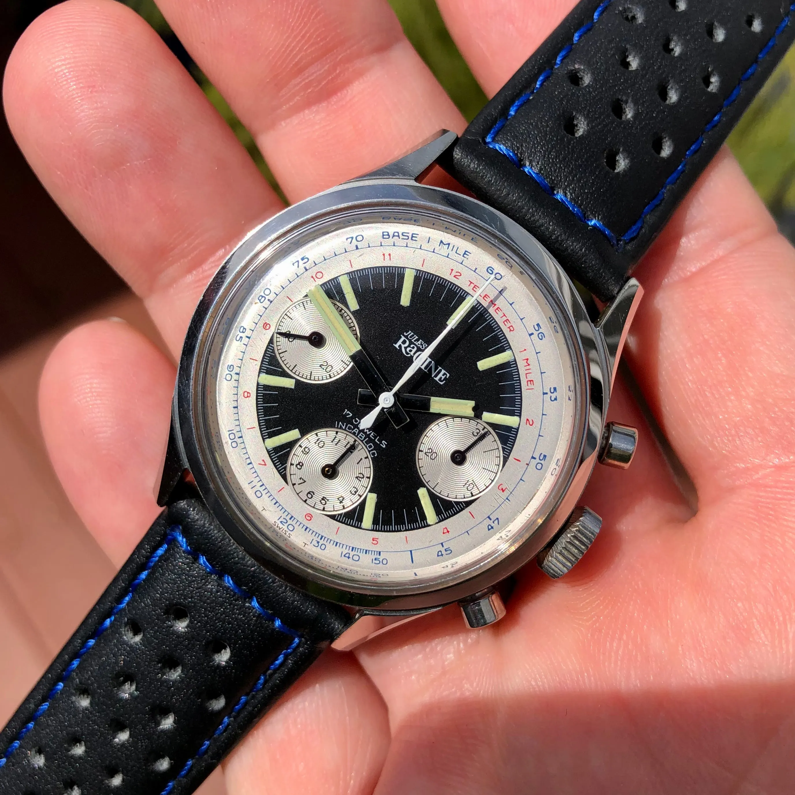 Jules Racine Gallet Chronograph Valjoux 7736 Multiscale Black Dial 37mm Steel Vintage Wristwatch Old Stock