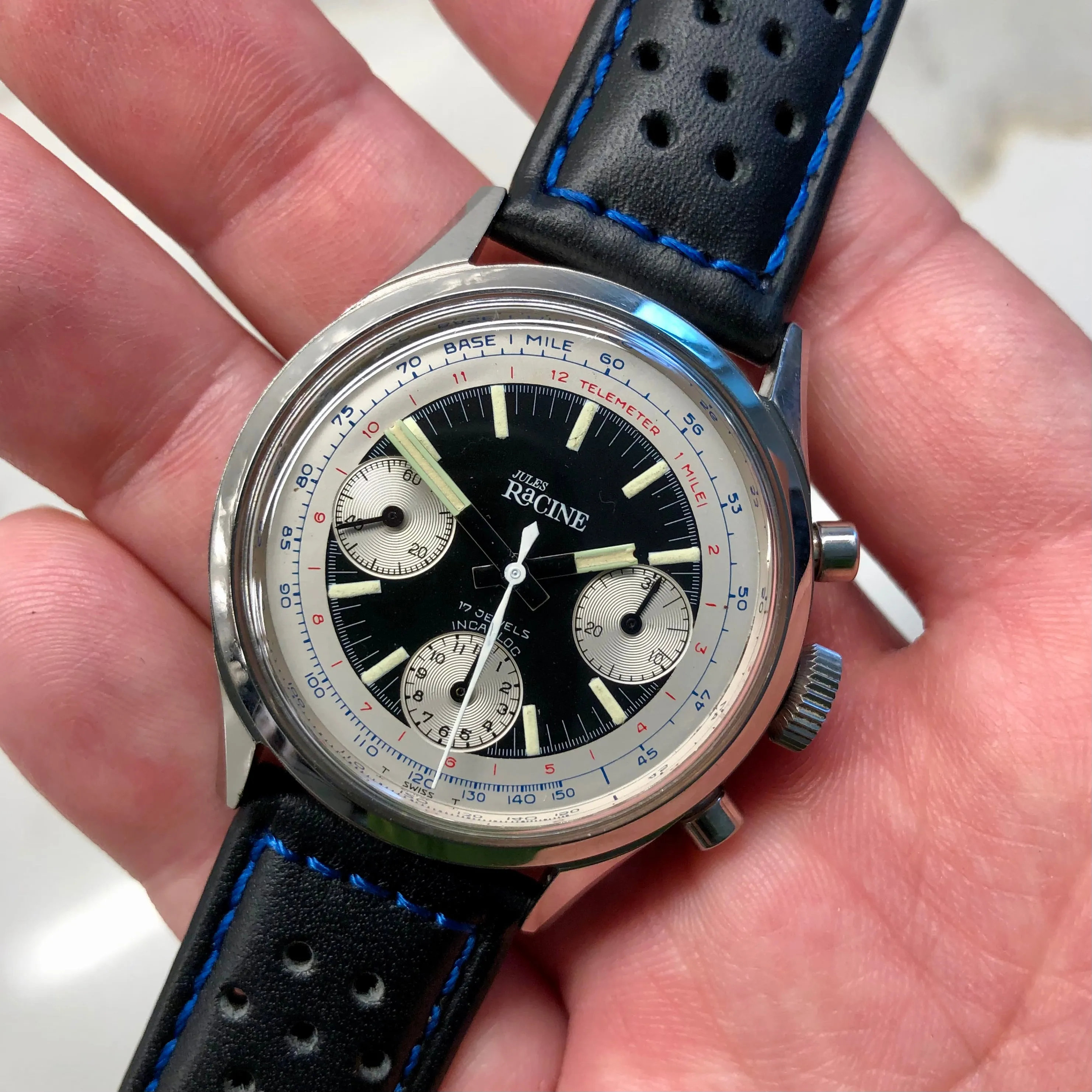 Jules Racine Gallet Chronograph Valjoux 7736 Multiscale Black Dial 37mm Steel Vintage Wristwatch Old Stock